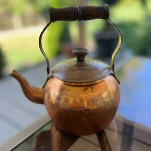 Vintage Old Dutch Copper And Brass Teapot Kettle With Wooden Handles
